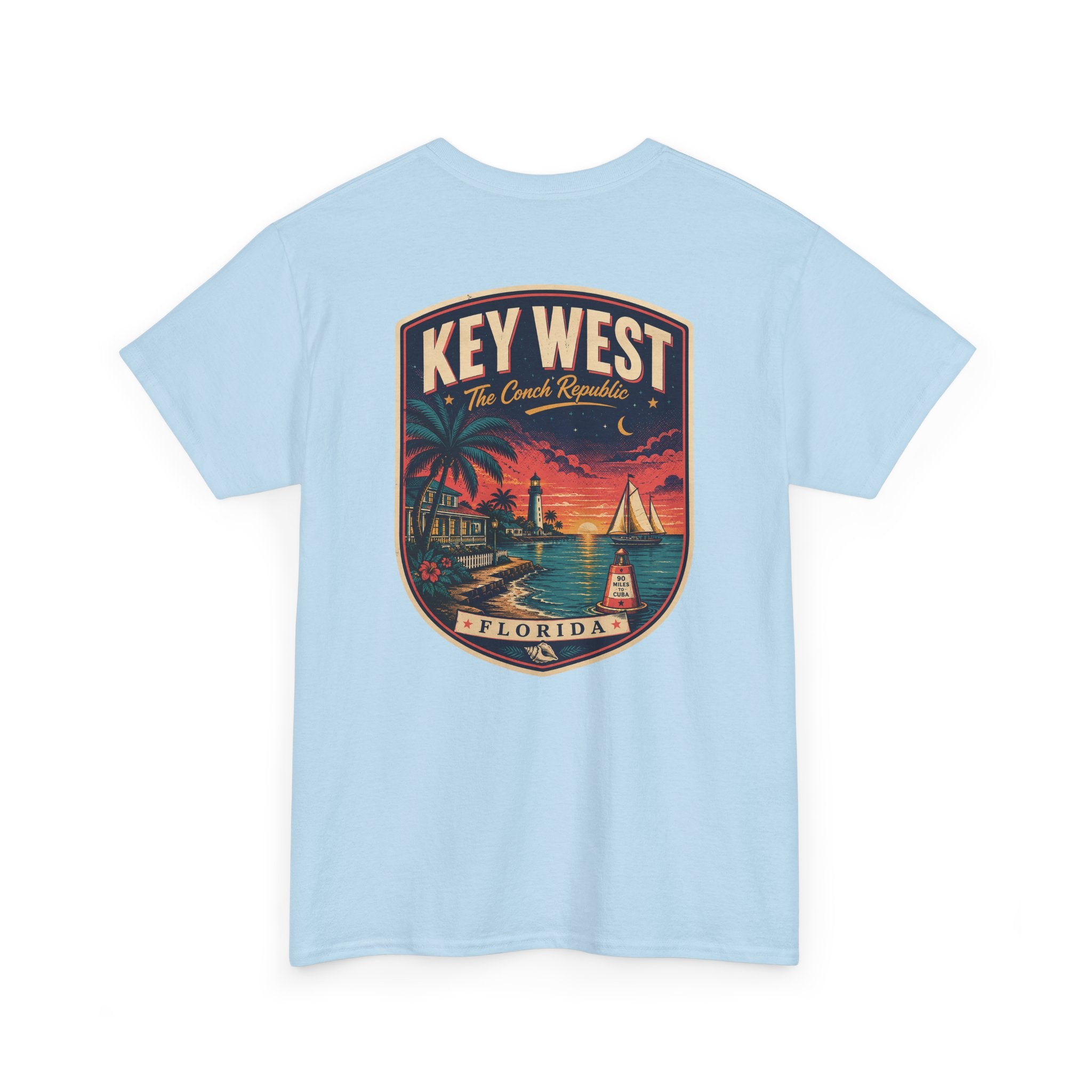 Light blue crewneck T-shirt with Key West Florida badge lighthouse print.