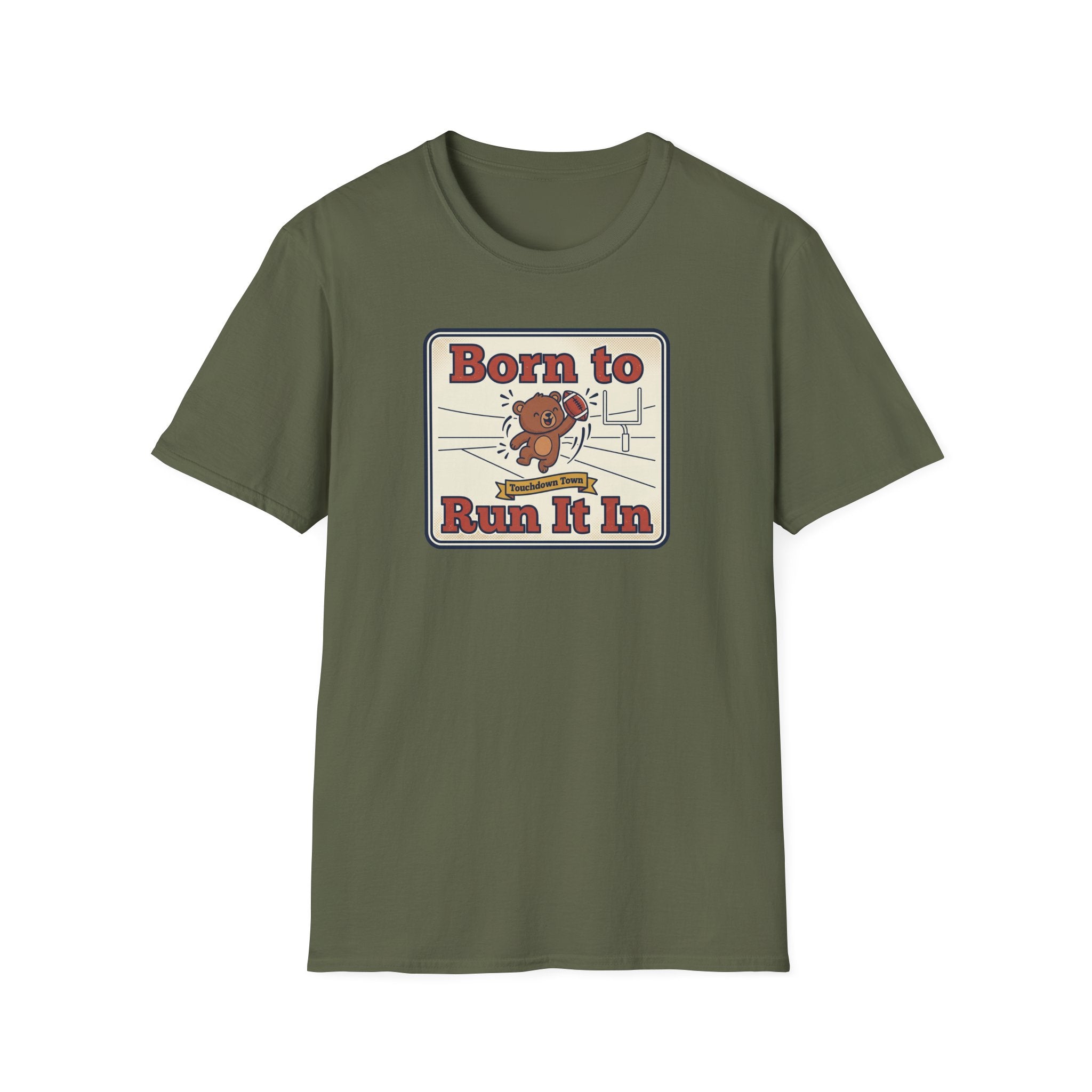 Olive green graphic T-shirt with bear “Born to Run It In”