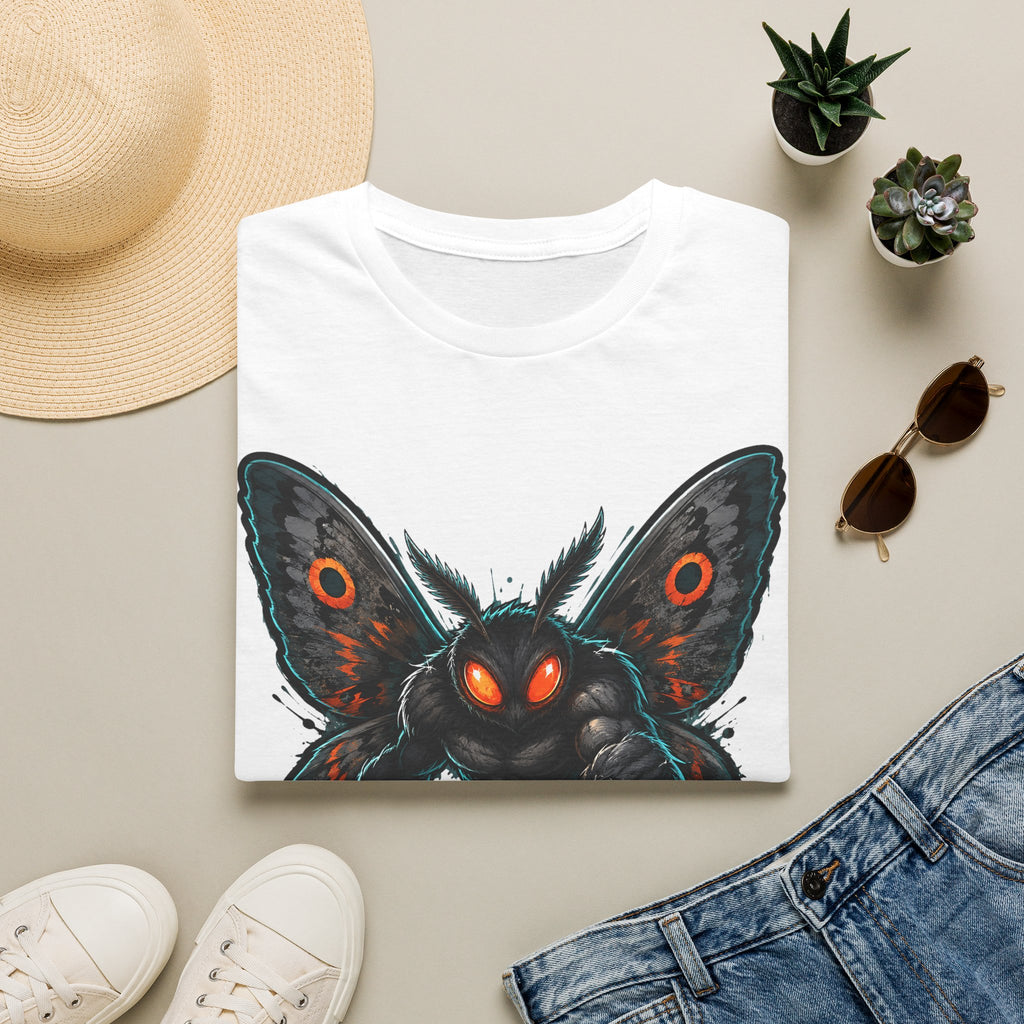 White graphic monster moth t-shirt with glowing red eyes and spread wings