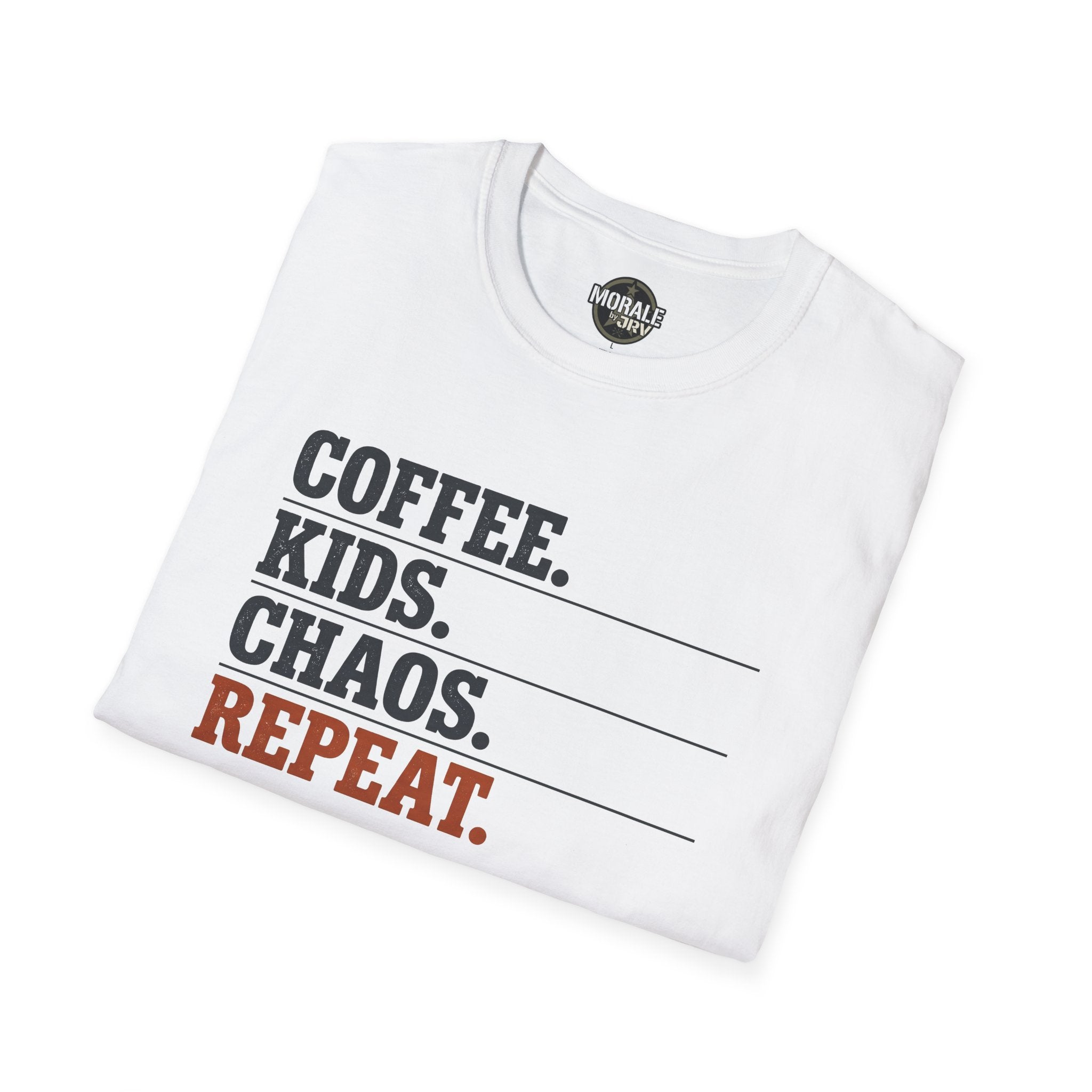 Coffee Kids Chaos Repeat T-Shirt (white) folded, showing partial slogan “COFFEE. KIDS. CHAOS.”