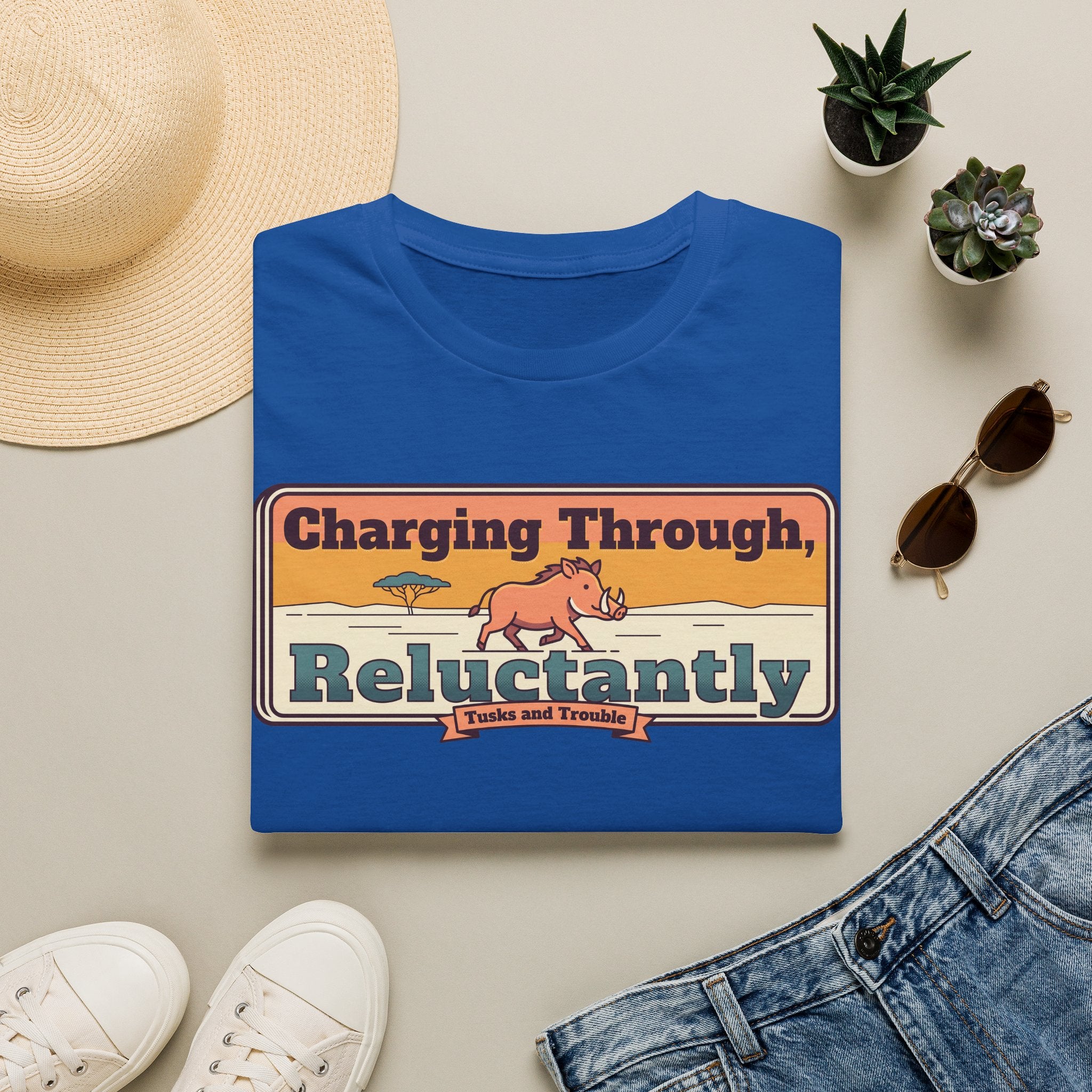 Royal blue short-sleeve T-shirt with “Charging Through… Reluctantly” pig graphic