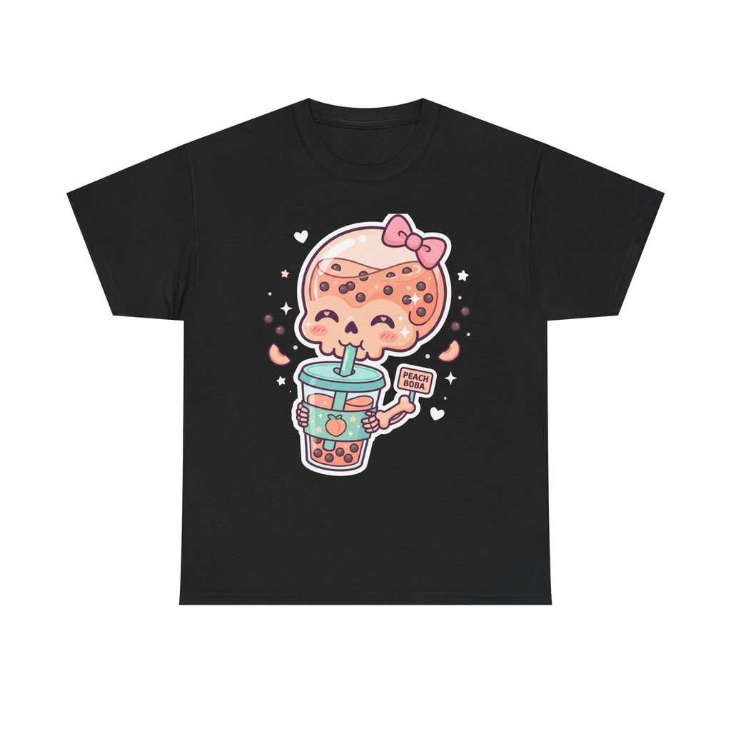 Black T-shirt with kawaii boba tea skull graphic holding a cup