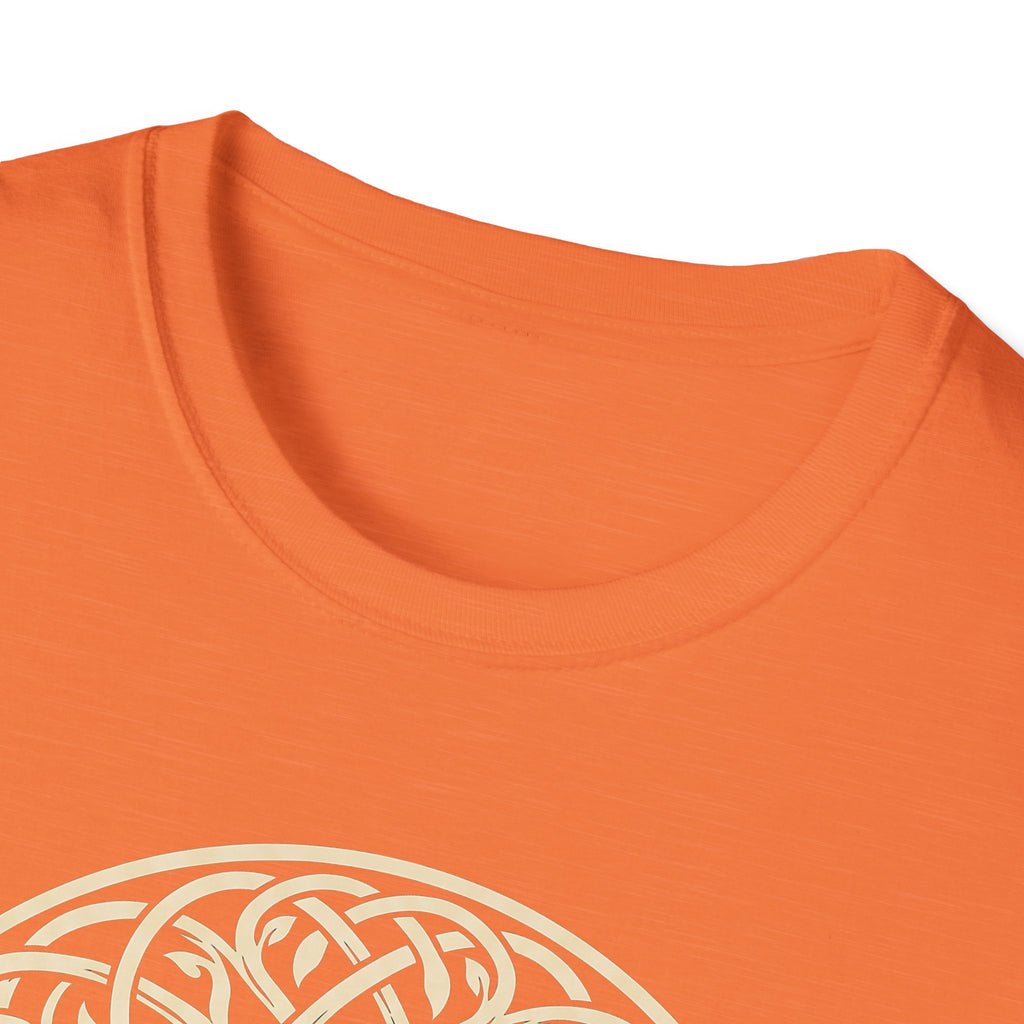 Close-up of orange T-shirt collar and Celtic Tree of Life knotwork design