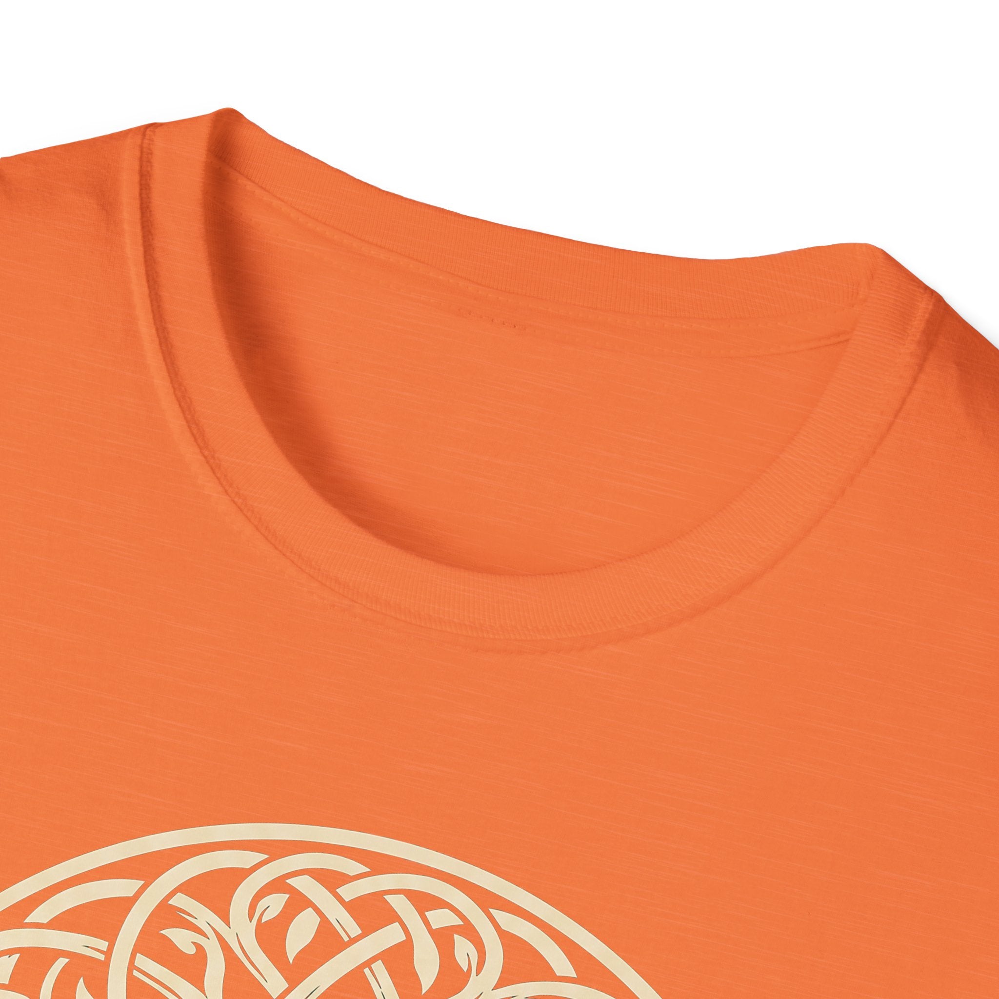 Close-up of orange T-shirt collar and Celtic Tree of Life knotwork design