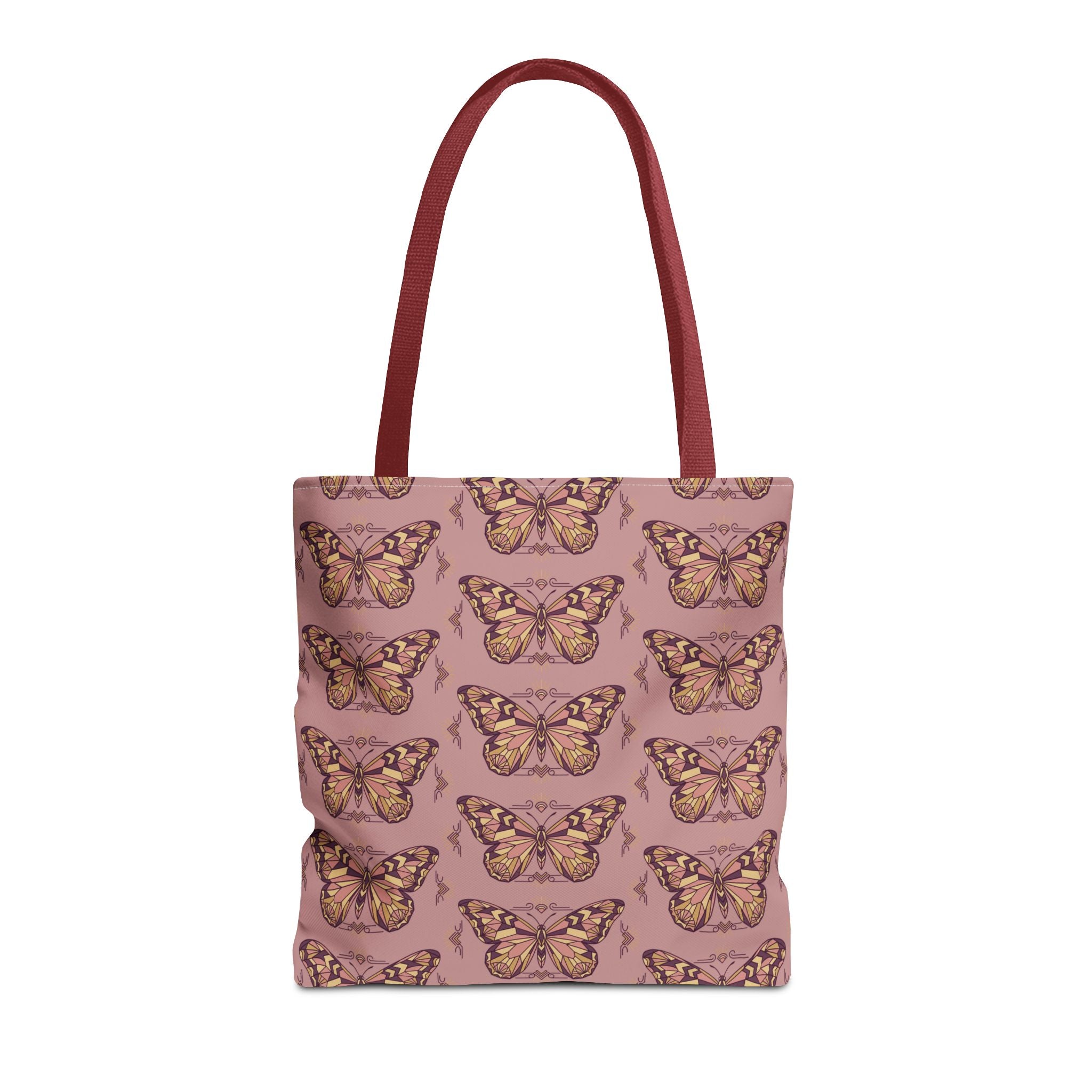 Pink butterfly pattern tote bag with maroon handle straps, front view