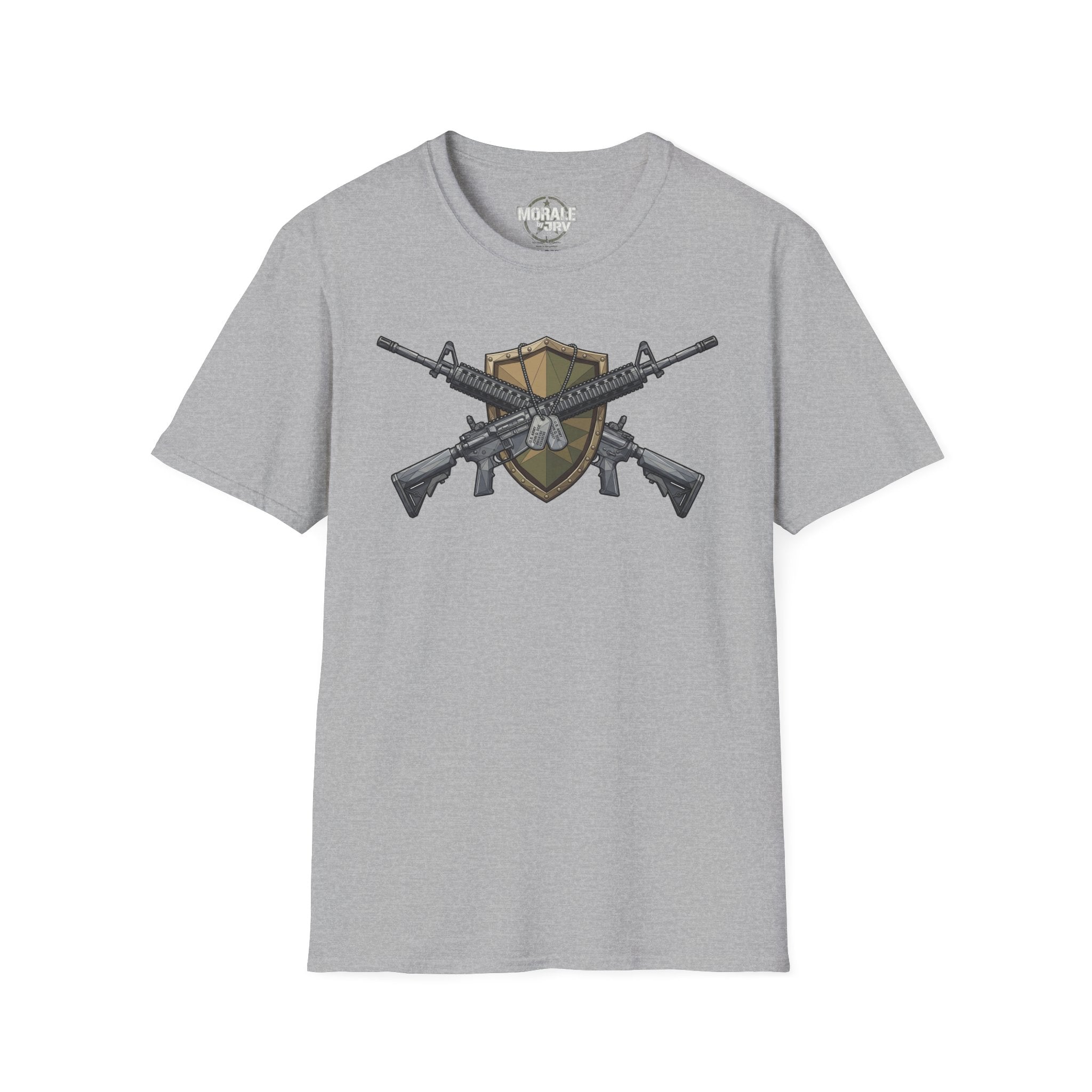 Heather gray crew-neck T-shirt with crossed rifles shield emblem graphic