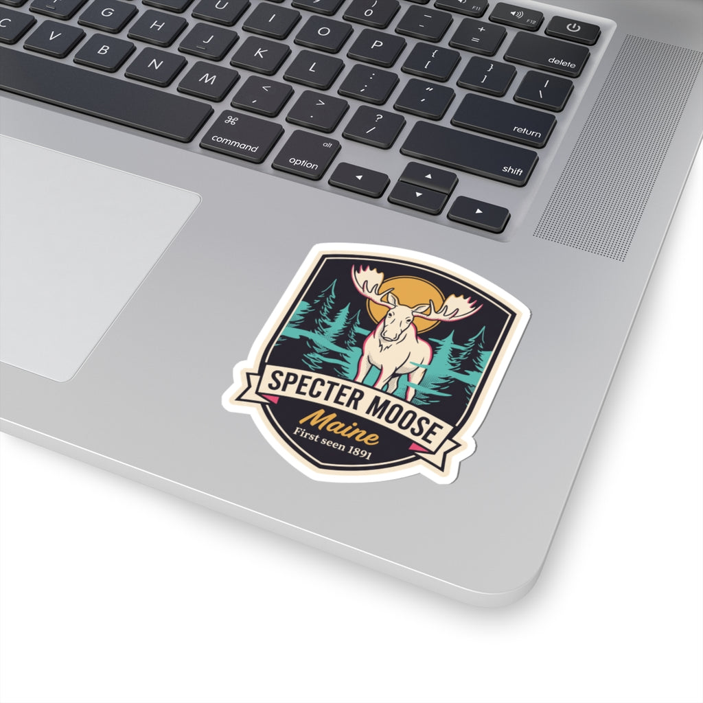 Moose badge vinyl sticker with pine forest graphic, antlers, and 'Maine' banner