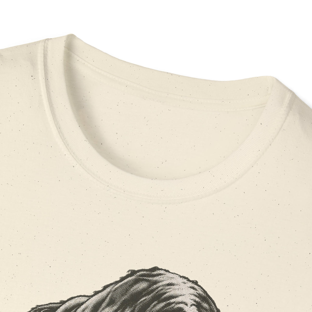 Natural color crewneck t-shirt neckline close-up with partial bull graphic