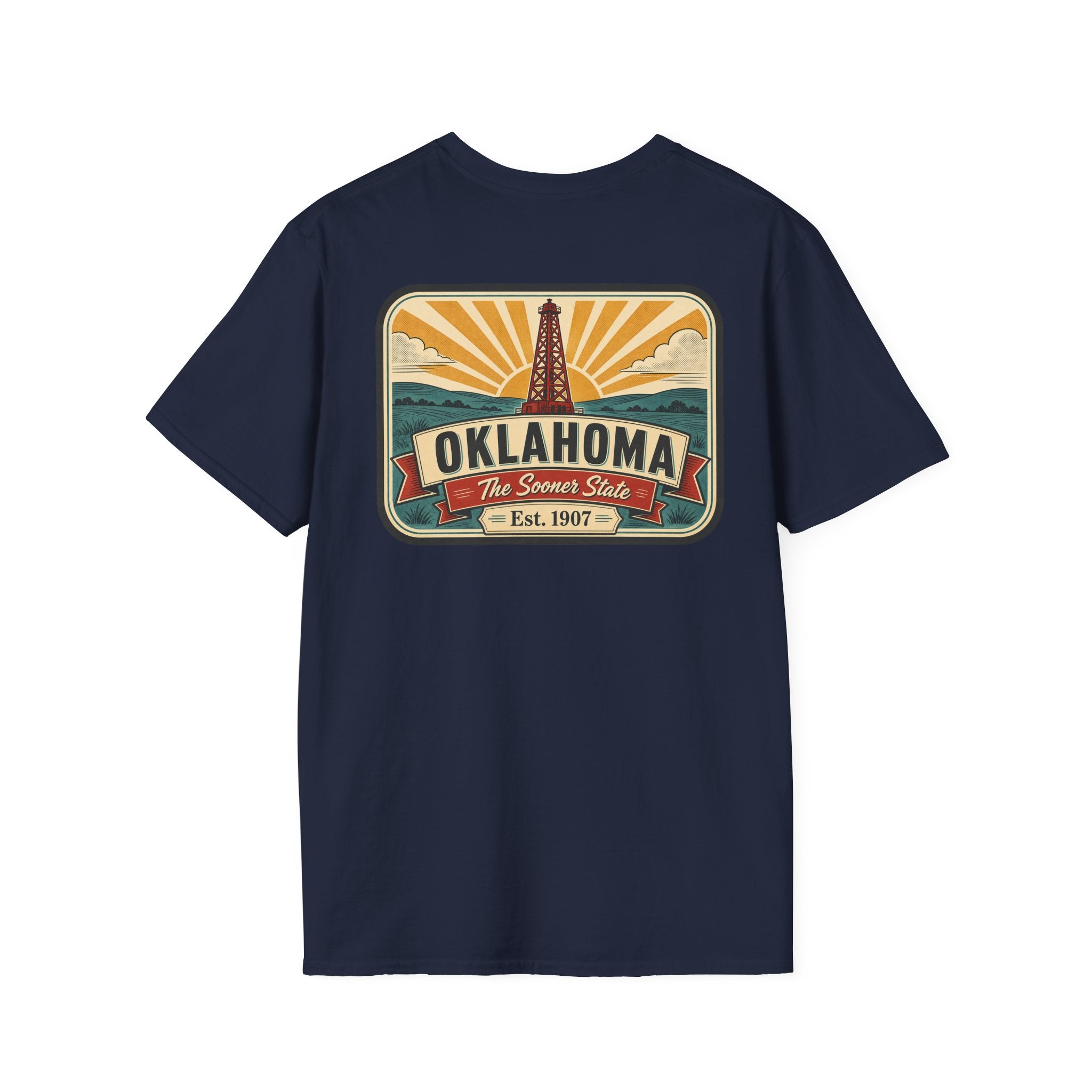 Navy T-shirt with rectangular Oklahoma Sooner State logo