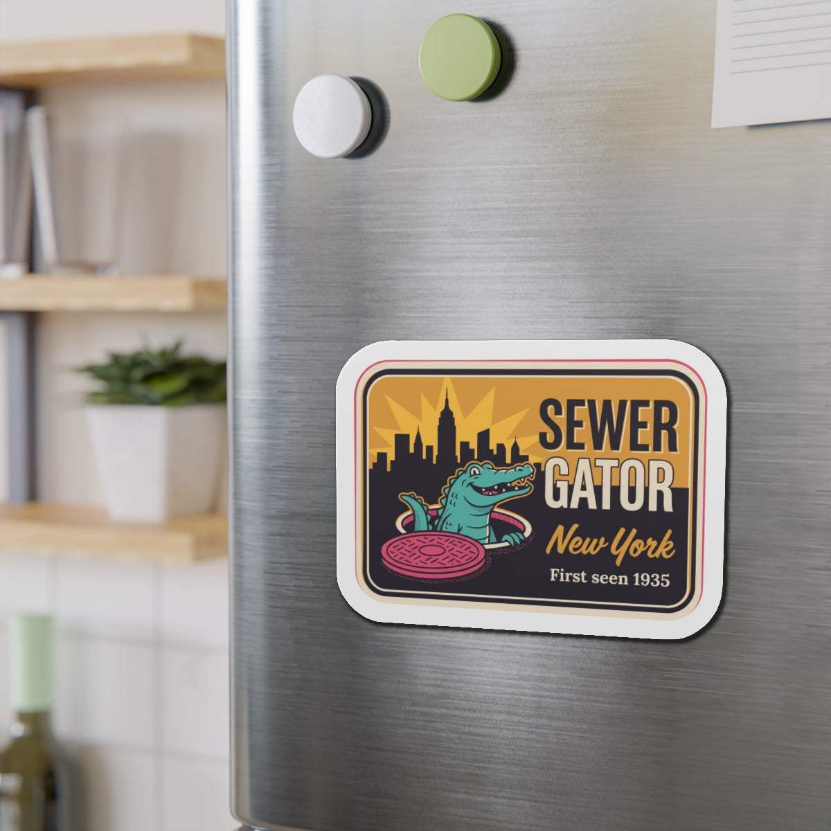 Die-cut refrigerator magnet on brushed stainless steel with 'SEWER GATOR' New York graphic