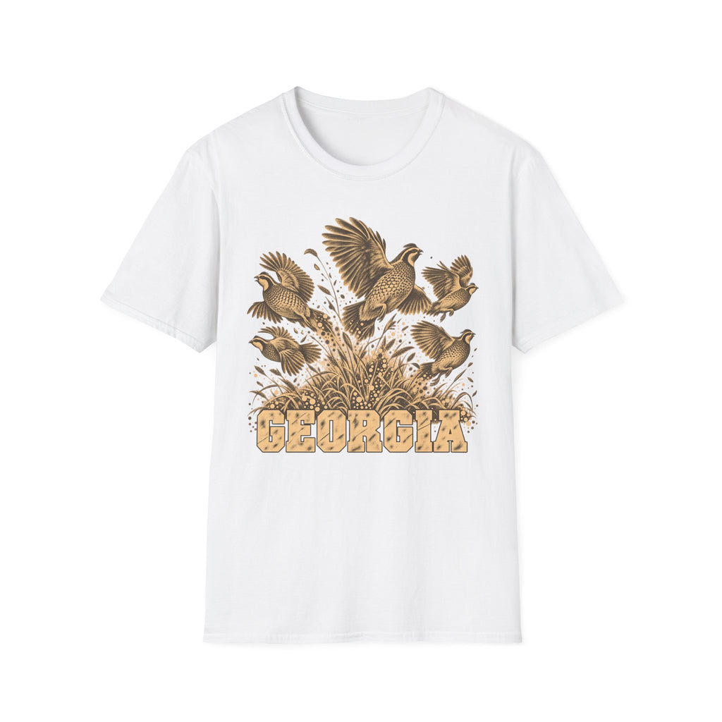 White crew-neck t-shirt with tall-grass bird graphic and GEORGIA text