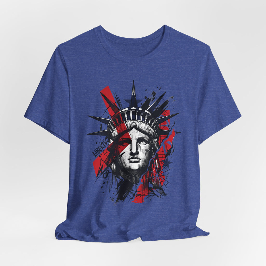 True royal blue crewneck T-shirt with Statue-style head graphic in red, white, and blue