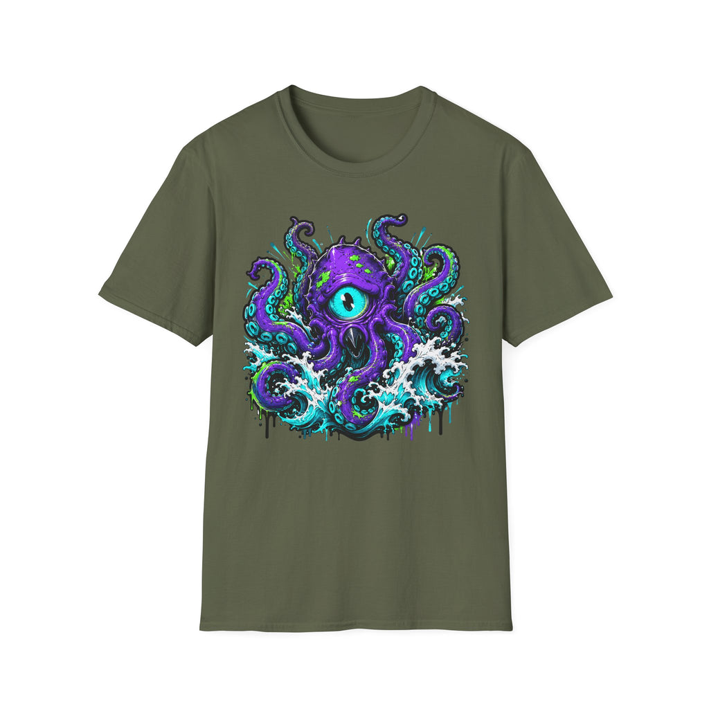 Olive crew-neck short-sleeve T-shirt with purple octopus eye front graphic