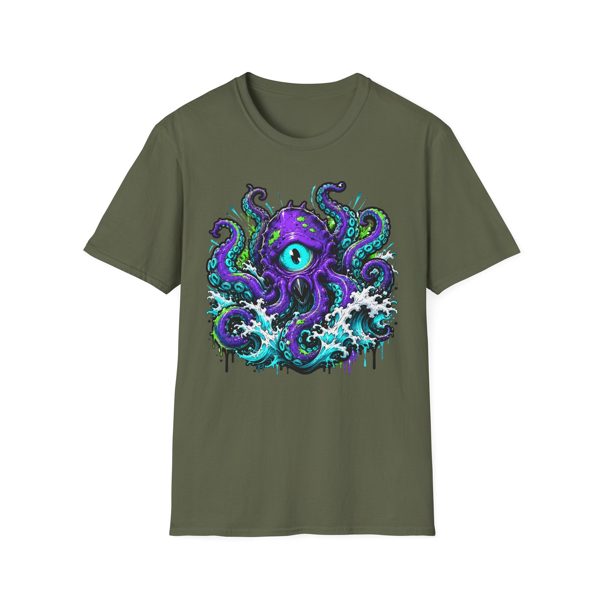 Olive crew-neck short-sleeve T-shirt with purple octopus eye front graphic
