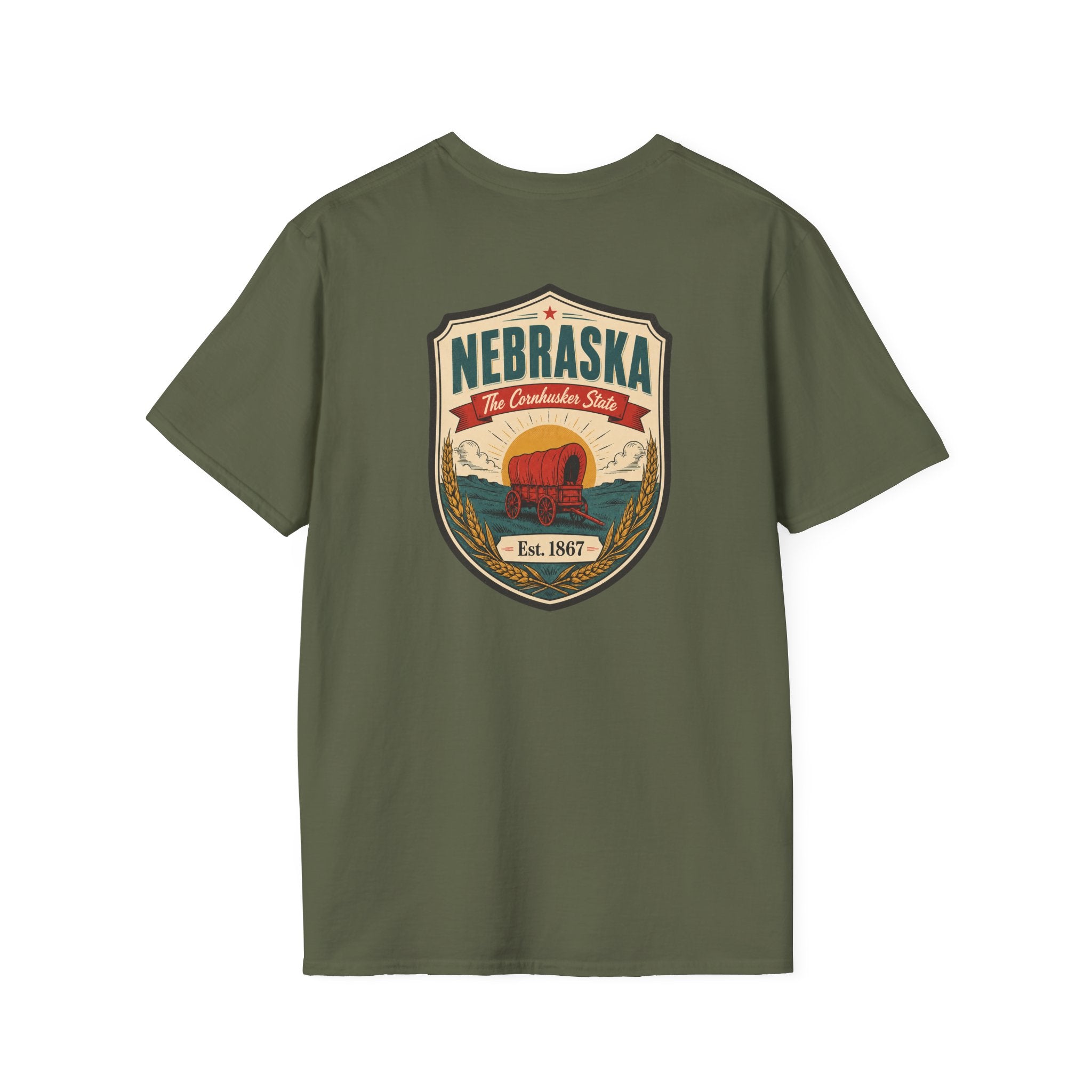 Olive green T-shirt with Nebraska shield graphic on front.