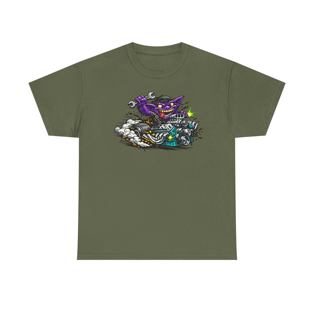 Military green biker cat graphic T-shirt with grinning cat on a motorcycle