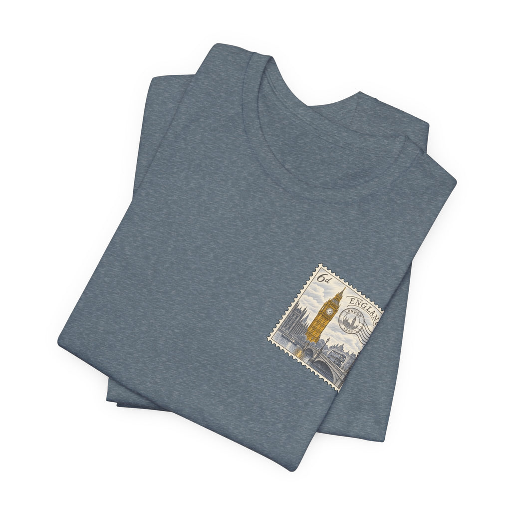Heather gray travel T-shirt with vintage postage stamp graphic on chest