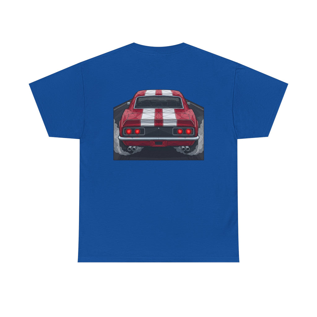 Royal blue T-shirt with vintage rear red muscle car graphic on the chest