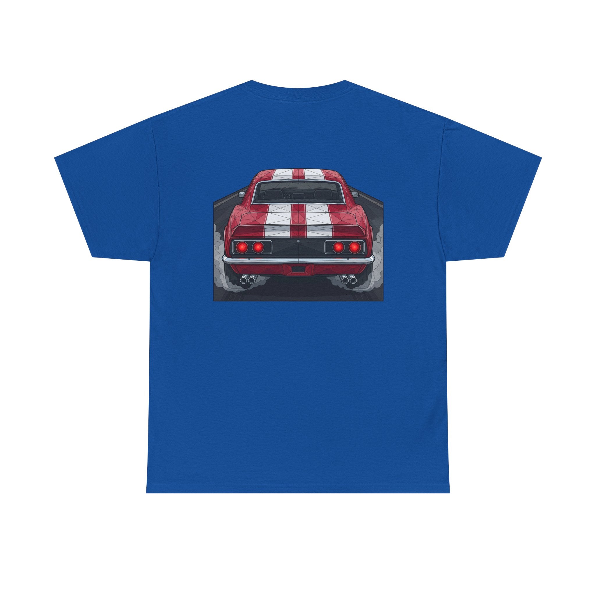 Royal blue T-shirt with vintage rear red muscle car graphic on the chest