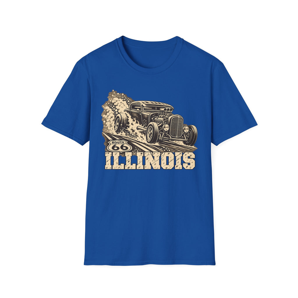 Royal blue hot rod T-shirt with vintage car and Illinois graphic print