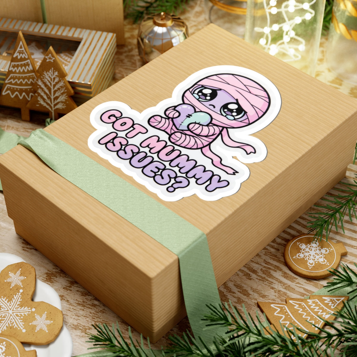 Baby mummy sticker: pink hood and heart, “GOT MUMMY ISSUES?” in purple/pink