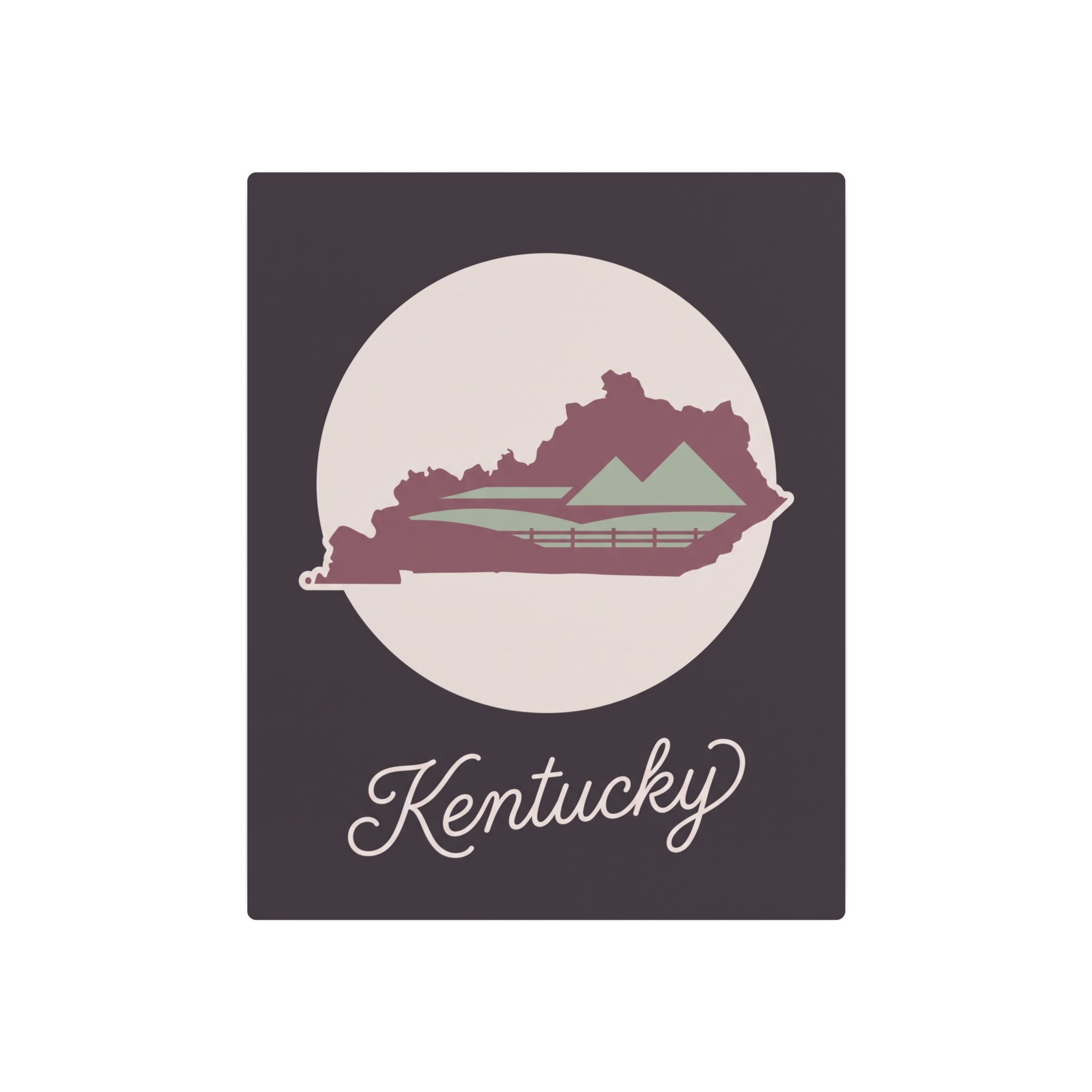 Kentucky metal wall art sign front, mauve silhouette inside light circle with sage details