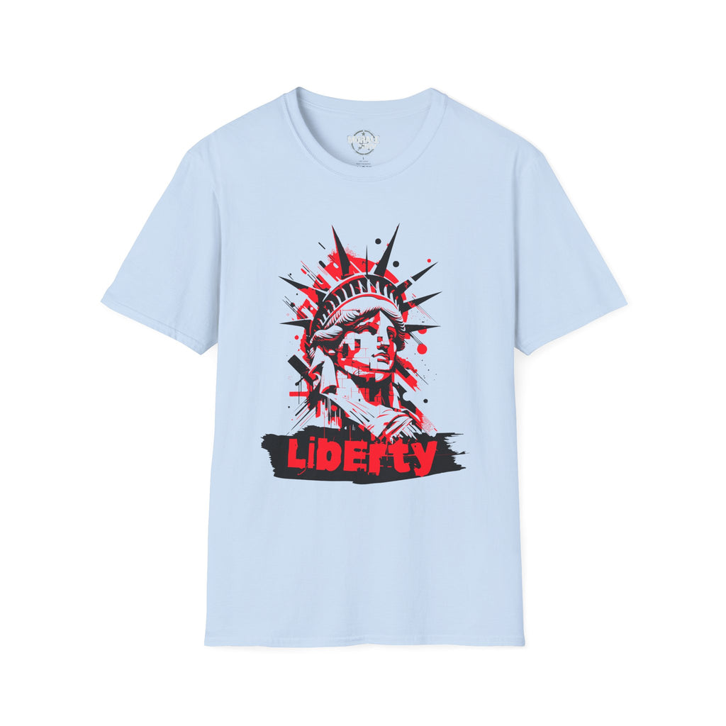 Liberty Statue graphic T-shirt, light blue; red-and-black “Liberty” front design