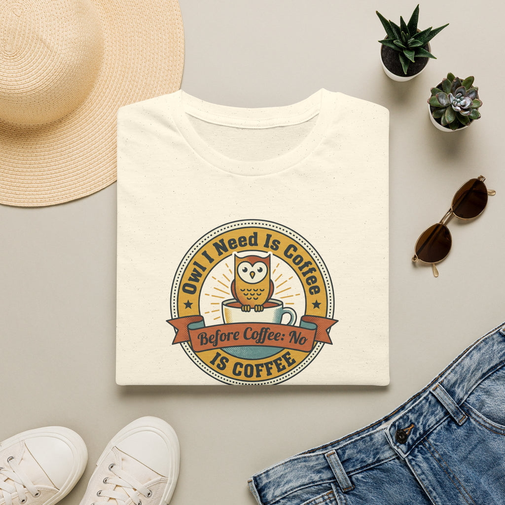 Cream T-shirt with circular owl coffee graphic on front