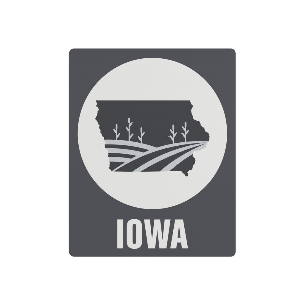 Dark gray Iowa metal wall sign with white circle, farm fields silhouette, and IOWA text