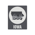 Dark gray Iowa metal wall sign with white circle, farm fields silhouette, and IOWA text