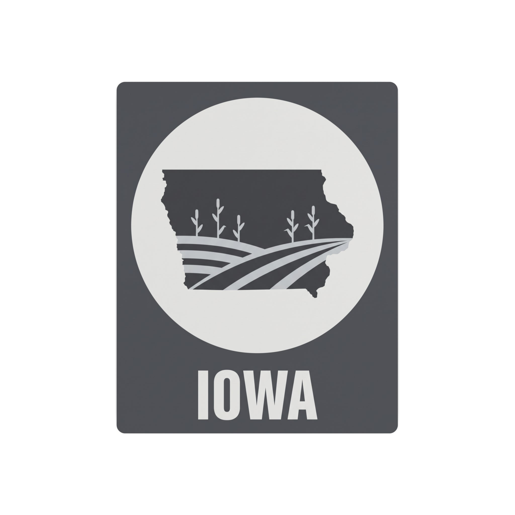Dark gray Iowa metal wall sign with white circle, farm fields silhouette, and IOWA text