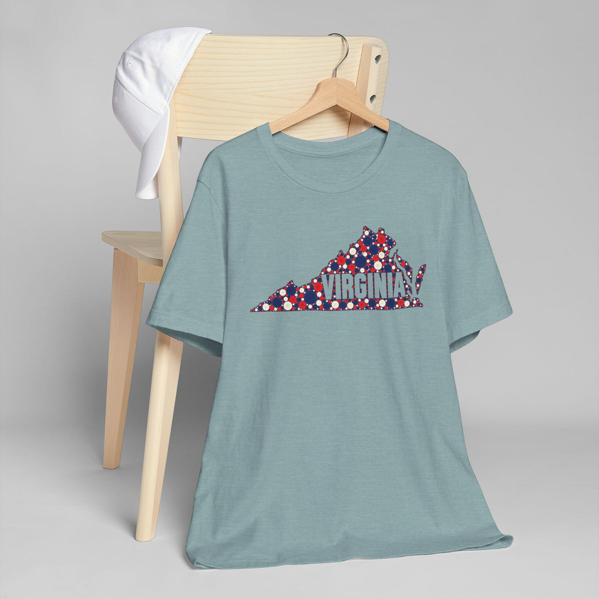 Light blue crew-neck t-shirt with multicolor dotted Virginia graphic on chest