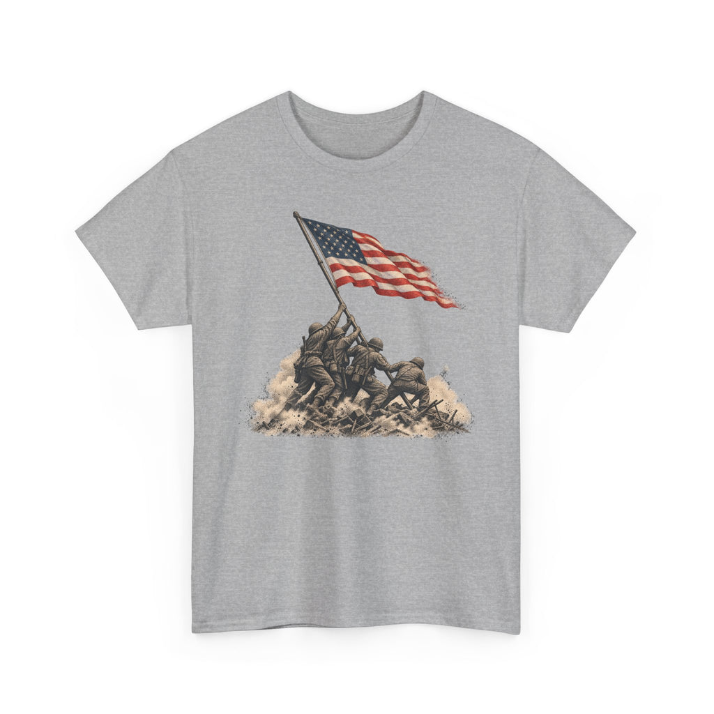 Heather gray graphic T-shirt with waving American flag over raised battle scene