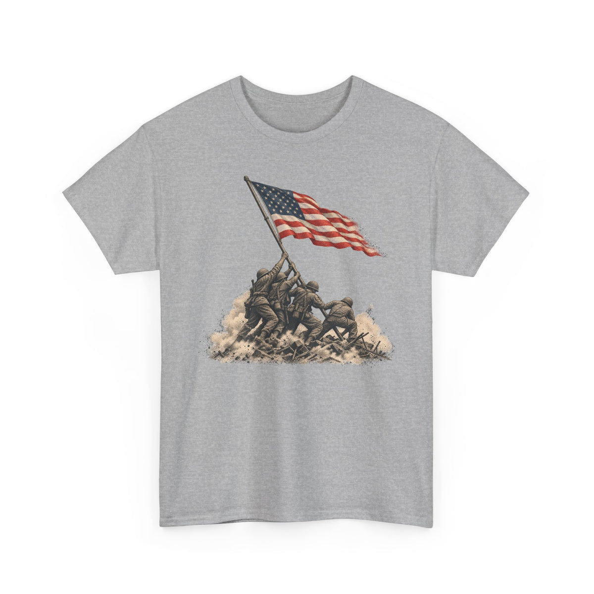 Heather gray graphic T-shirt with waving American flag over raised battle scene