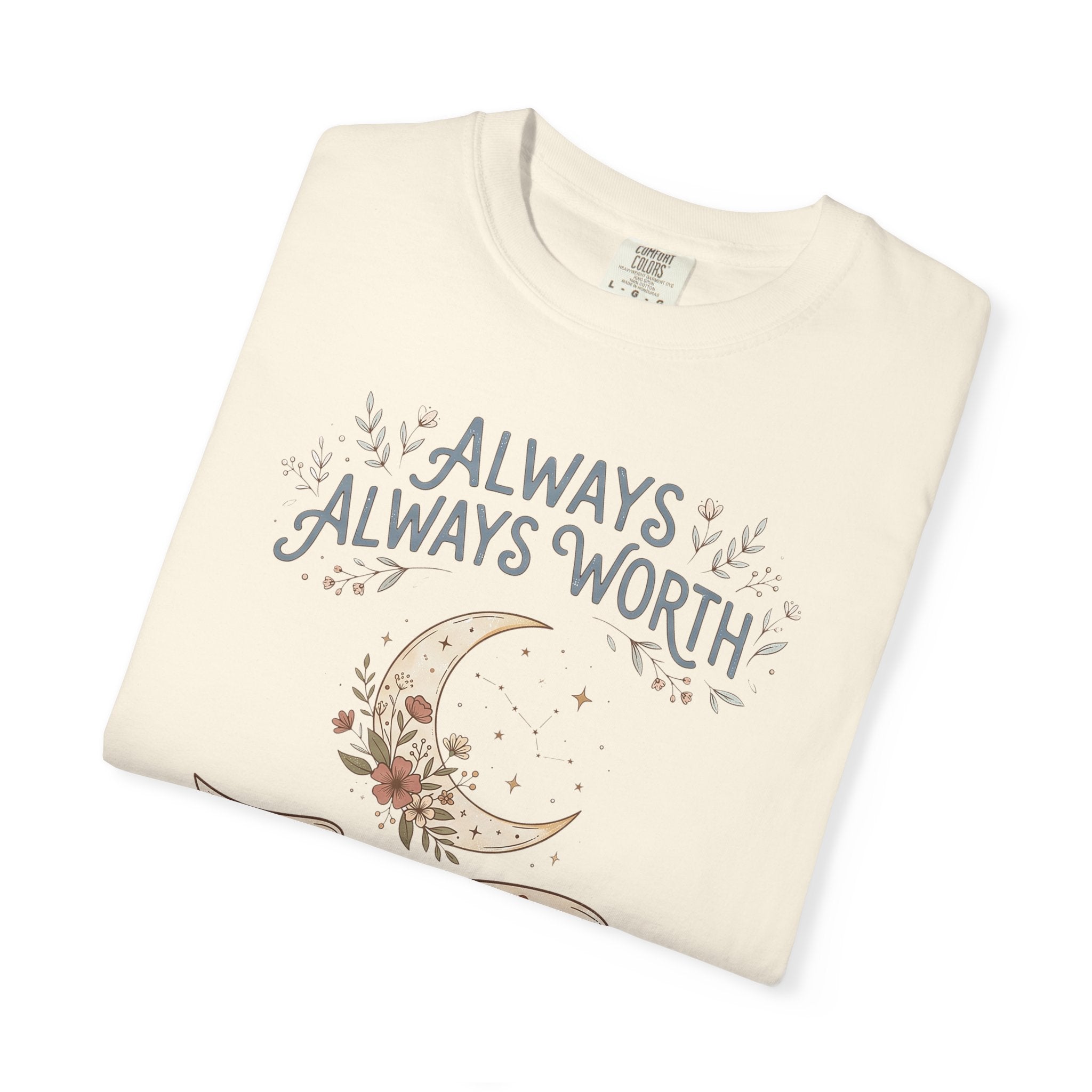 Ivory T-shirt with moon and 'Always Worth the Wait' graphic
