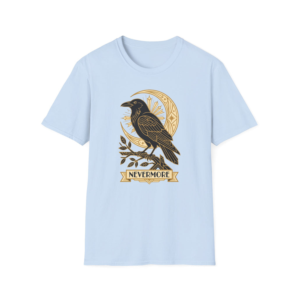Crewneck T-shirt in light blue with gold raven and moon graphic, short sleeves