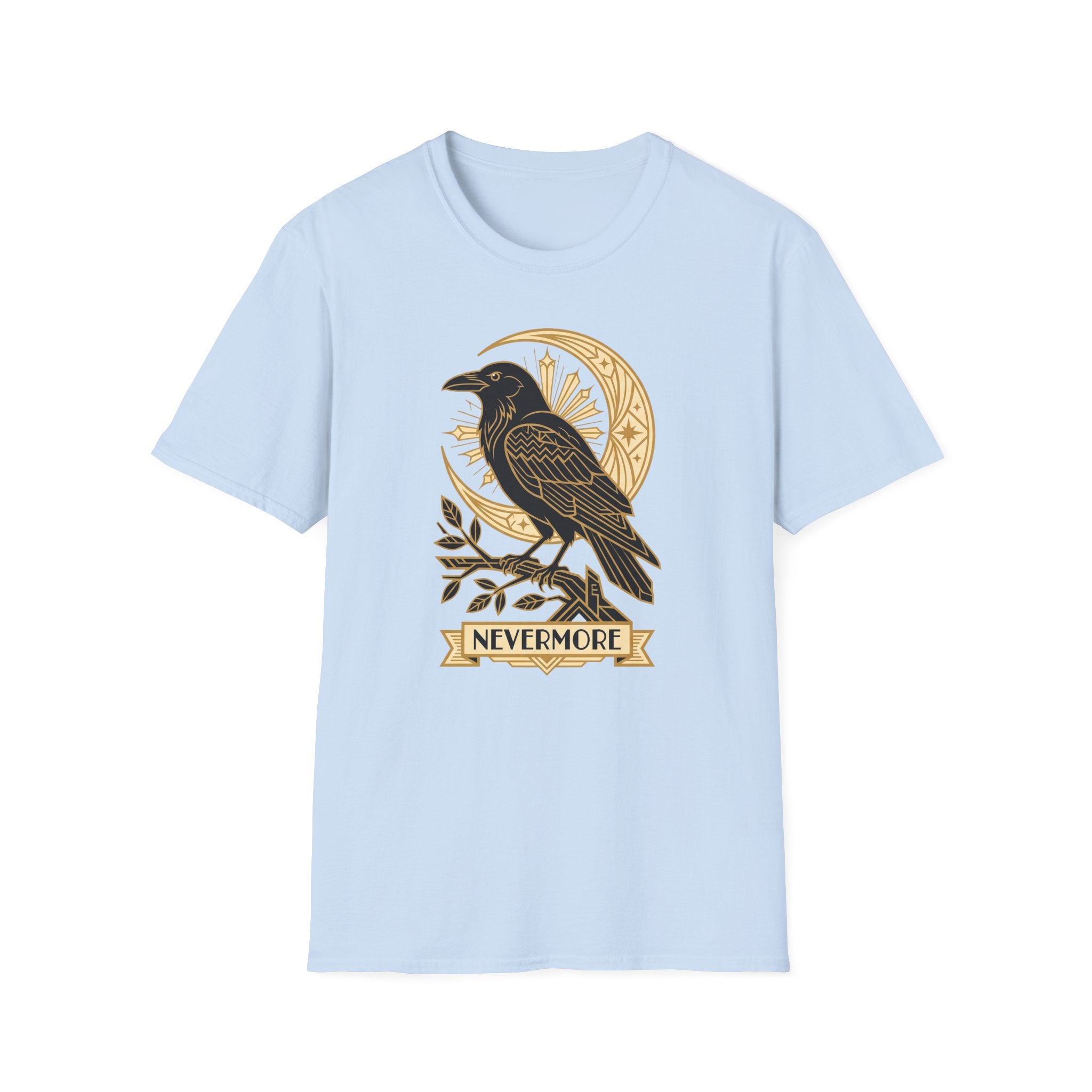 Crewneck T-shirt in light blue with gold raven and moon graphic, short sleeves