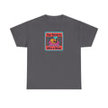 Charcoal bee graphic t-shirt with retro “Too Tired to Give a Buzz” print on chest