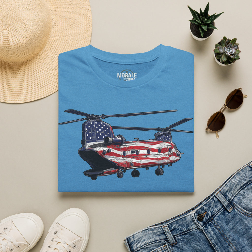 Blue crew-neck T-shirt with patriotic helicopter graphic on the front