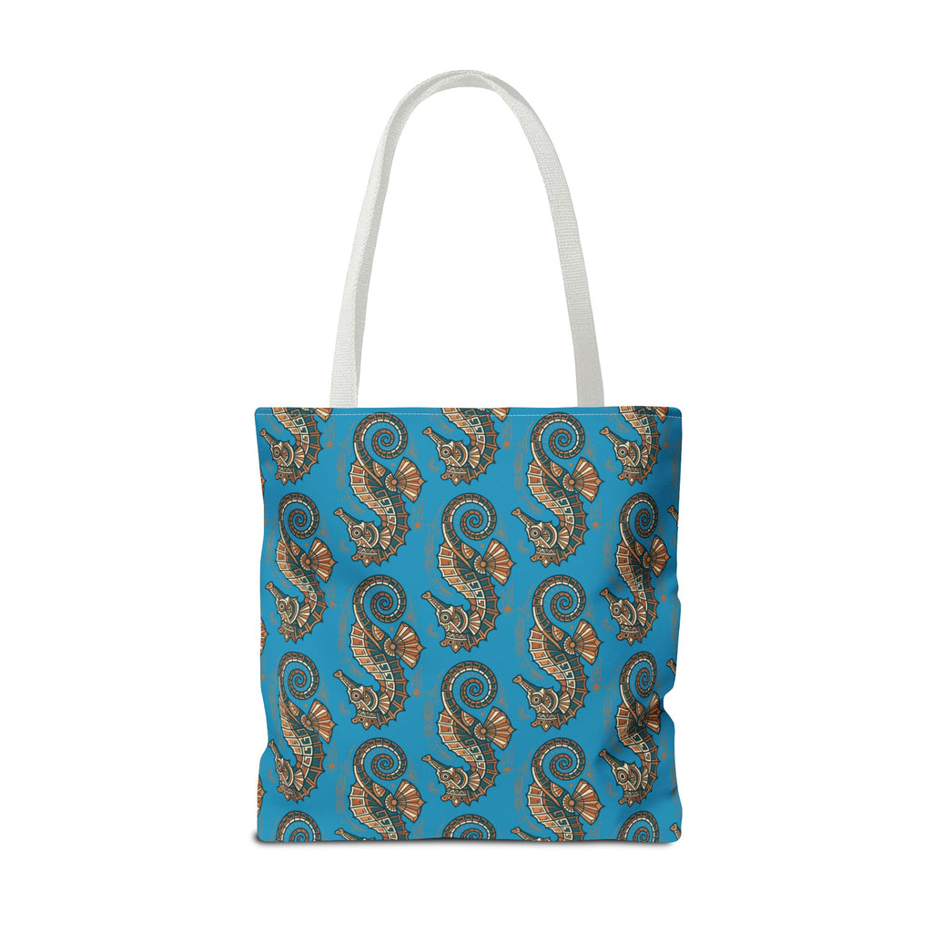 Seahorse pattern tote bag in blue with ornate steampunk seahorses; white handles