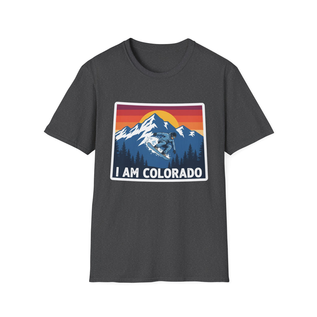 Dark heather grey T-shirt with “I AM COLORADO” mountain sunset graphic featuring a wolf and bear