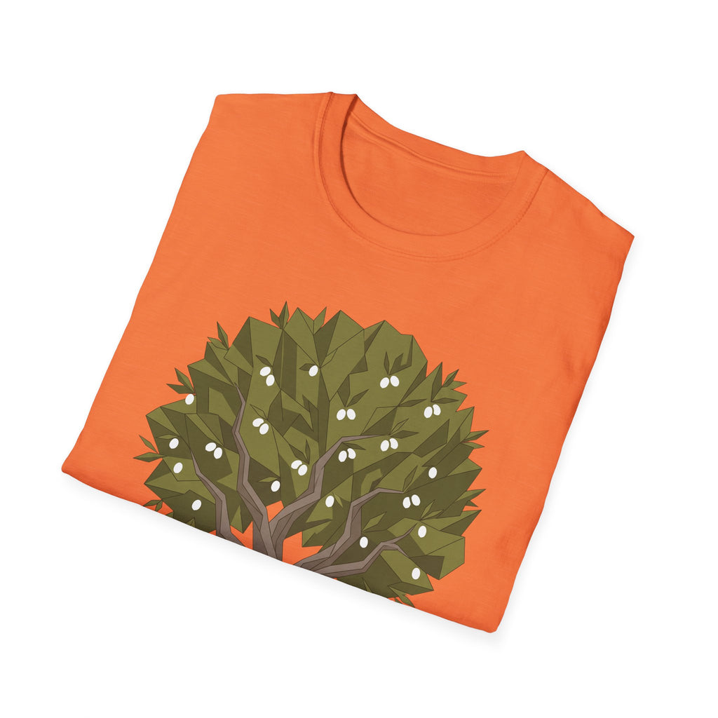 Twisted Olive Tree T-Shirt (orange) twisted olive tree graphic in green with white accents