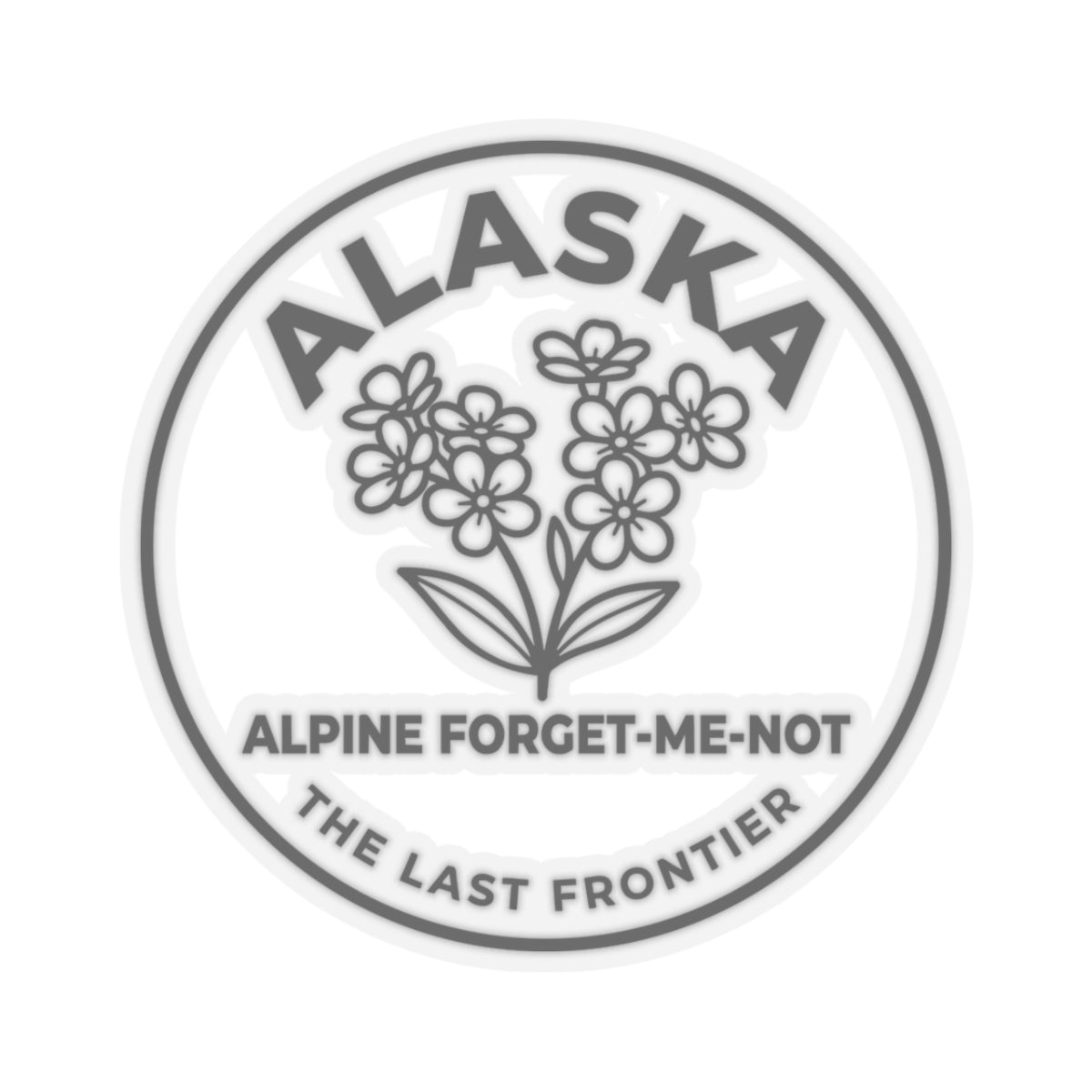 Alaska alpine forget-me-not vinyl sticker, circular badge with flower cluster graphic