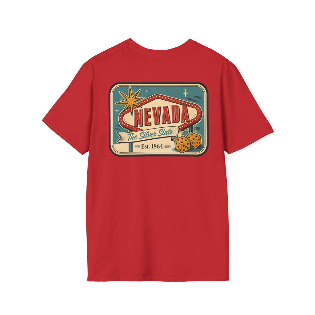 Red T-shirt with Nevada luggage tag graphic print on the front