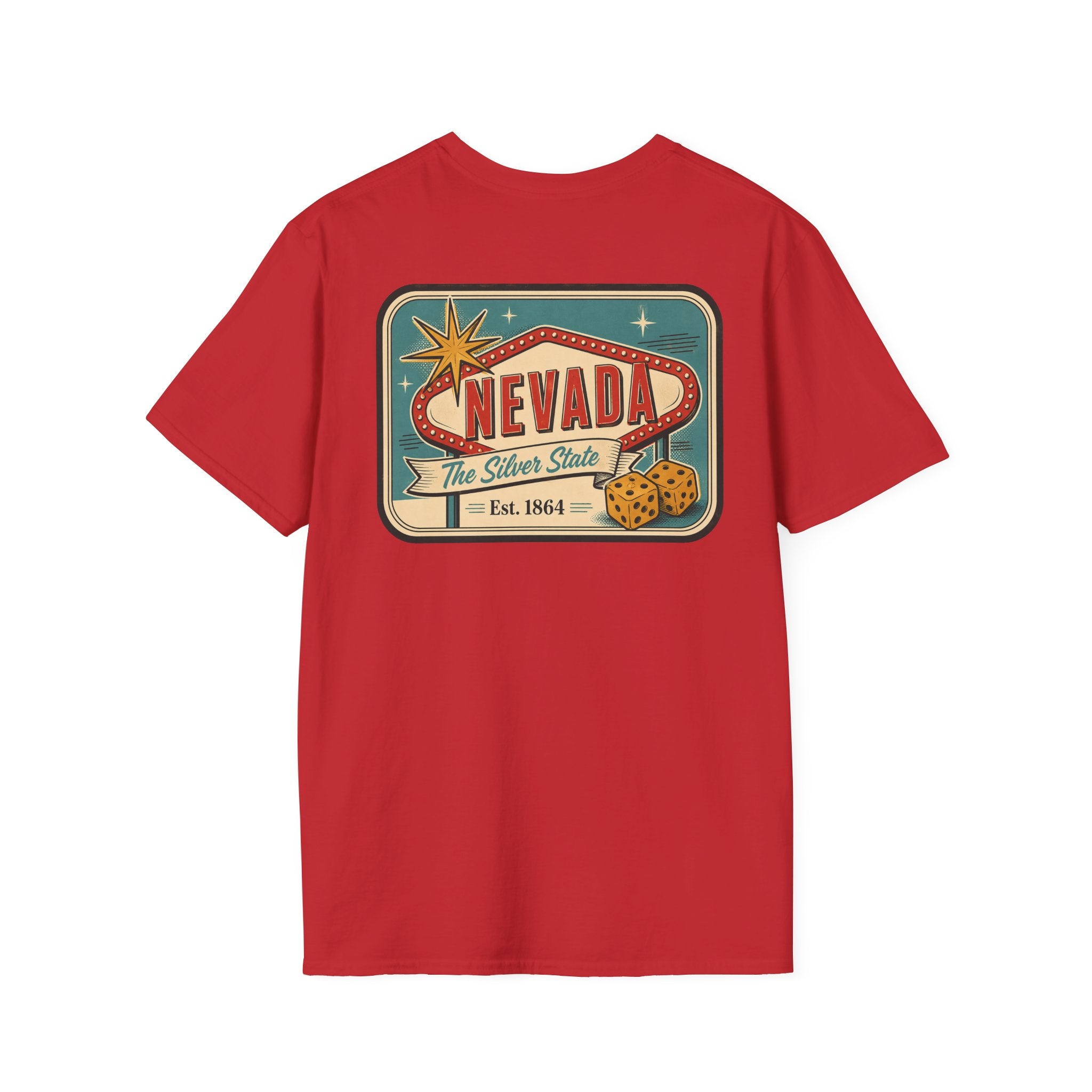 Red T-shirt with Nevada luggage tag graphic print on the front