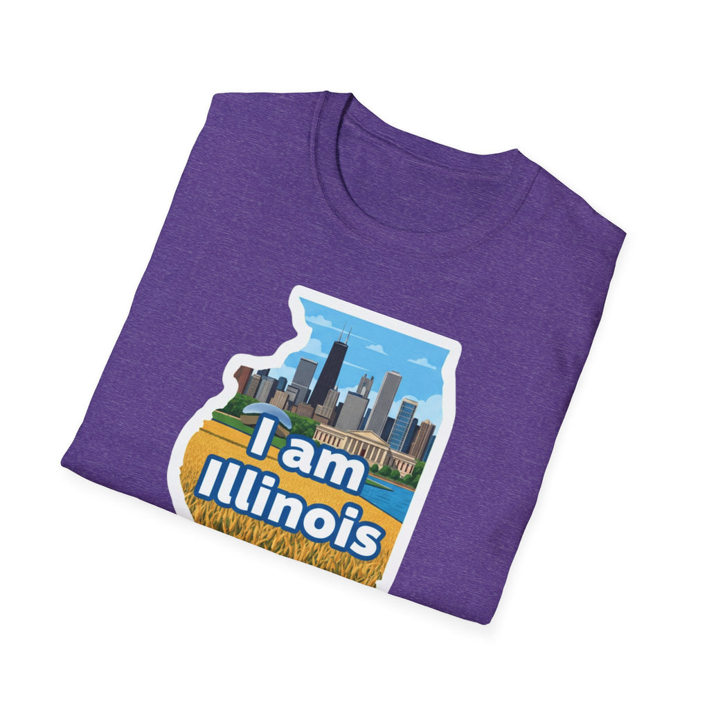 Purple heather T-shirt with "I am Illinois" skyline and farmland design