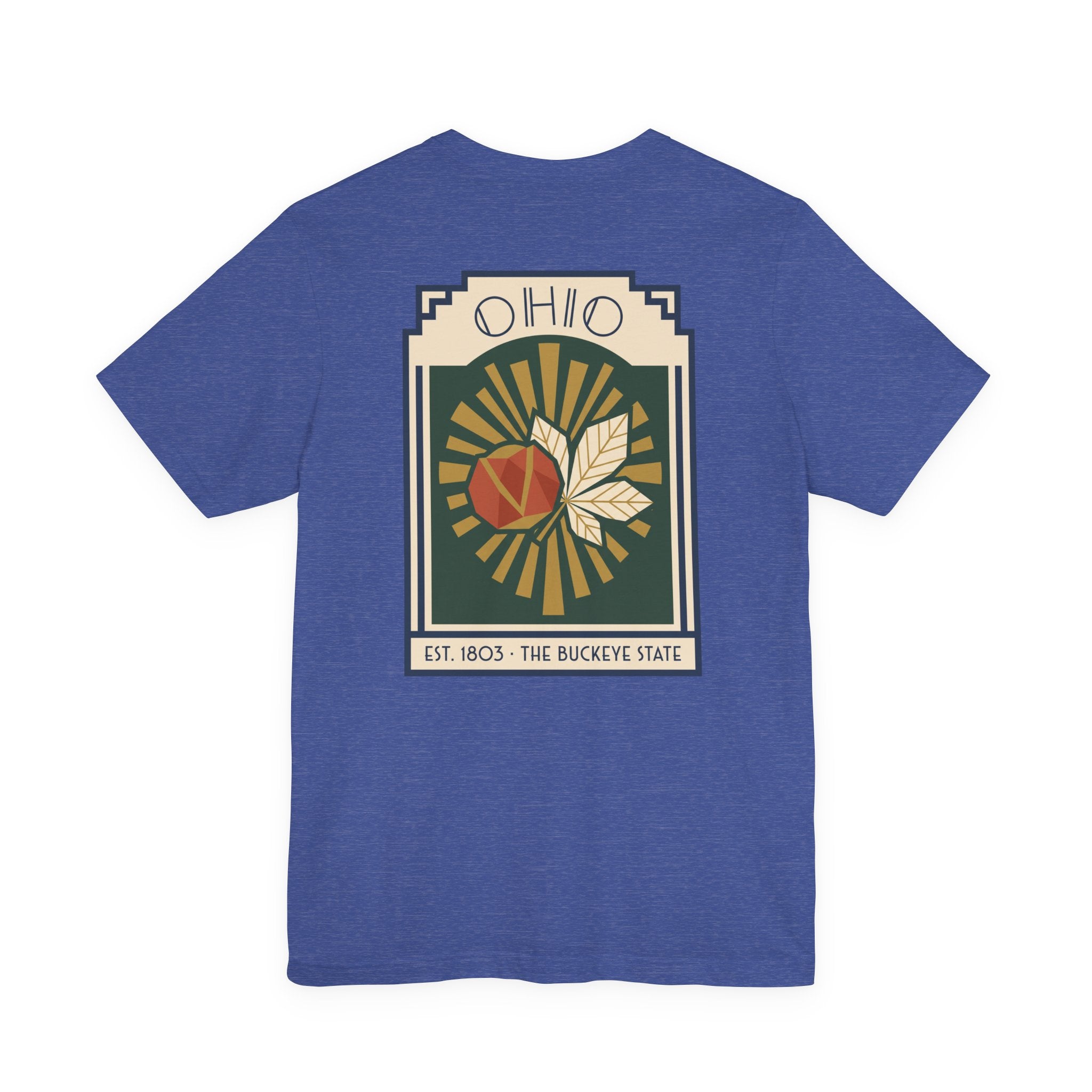 Royal blue T-shirt with Ohio sunburst art deco graphic front