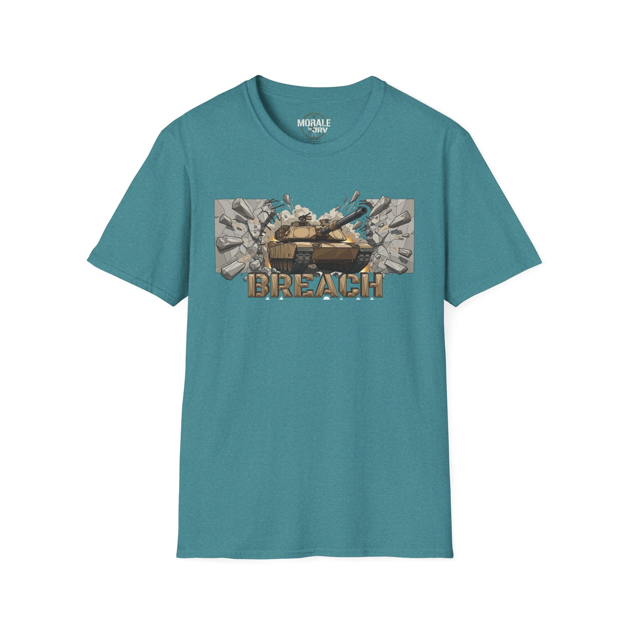 Teal T-shirt with BREACH tactical tank burst design and “BREACH” lettering