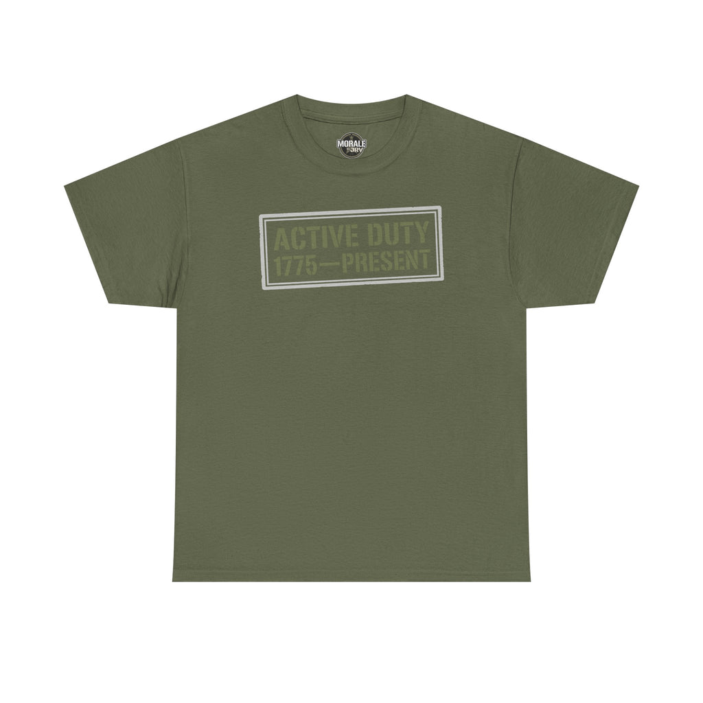 Military green crewneck T-shirt with 'ACTIVE DUTY 1775–PRESENT' front print