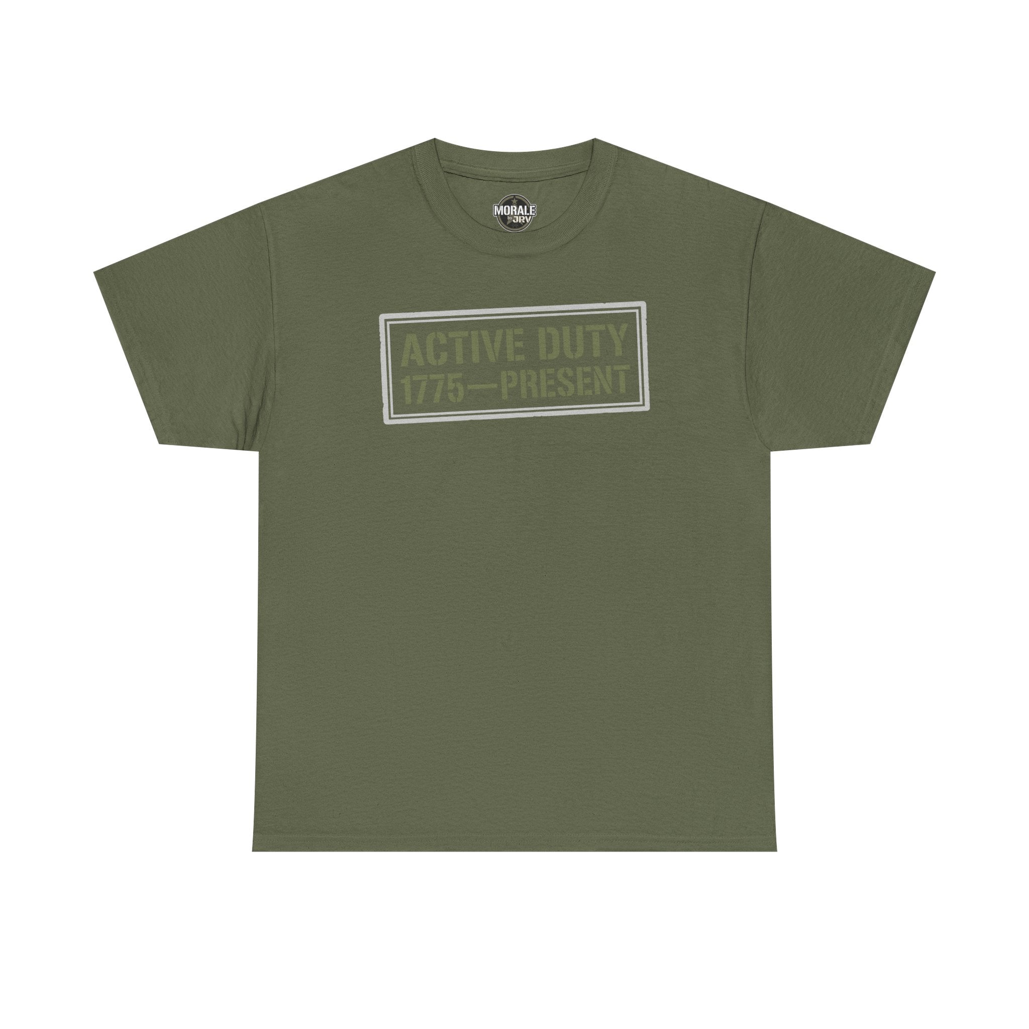 Military green crewneck T-shirt with 'ACTIVE DUTY 1775–PRESENT' front print